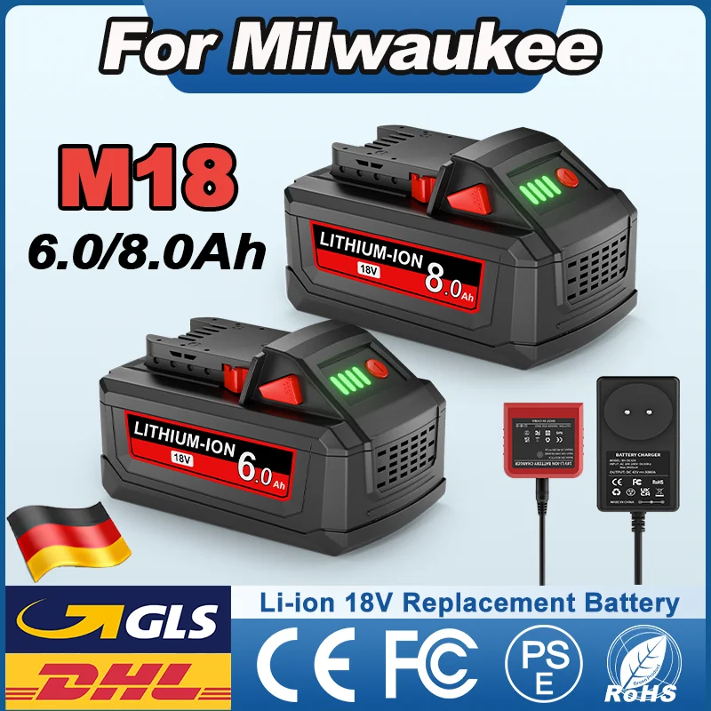 Batterie Powtree pour Milwaukee M18 6.0Ah/8.0Ah 18V, batterie rechargeable pour M18 M18B5 XC 48-11-2402 48-11-1840 avec MINI chargeur