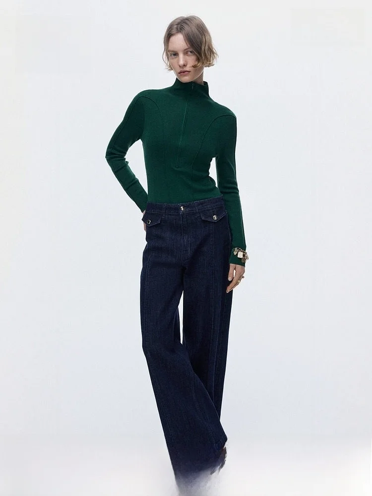 

H&M Women's Knitted Wool Blend Base irt Spring 2026 Zipper Ribbed Knitwear Slim Fit Regular Thin Simple Sle