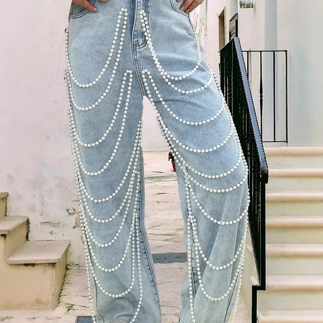 Jeans Wanita Celana Lurus Pinggang Tinggi Manik-manik Dicuci Tertekan Vintage Kantong Tombol 2025 Pakaian Jalanan Wanita Denim Celana