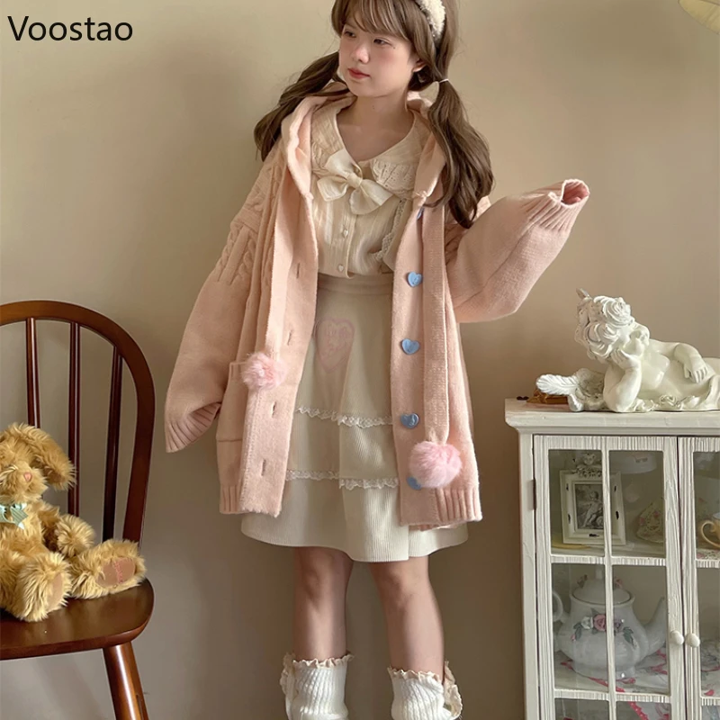 Japanese Cute Lolita Knitted Cardigan Women Harajuku Kawaii Pink Hooded Long Sweater Coat Girls Sweet Loose Pocket Knitwear Tops