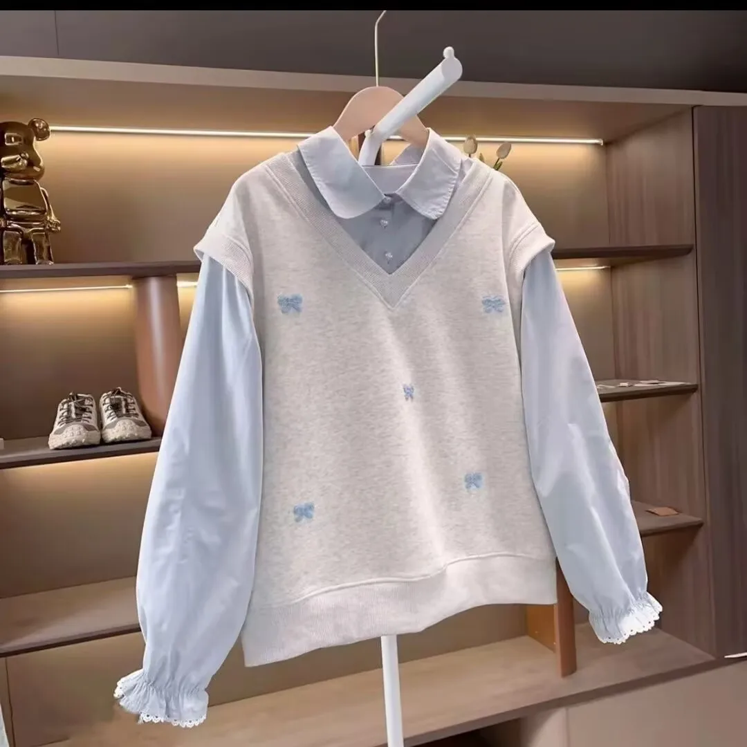Girls Fall Trendy Stylish Bow Knot Sweatshirt Medium Large Girls Shirt Collar Fake Two Layer Pullover Childrens Wear