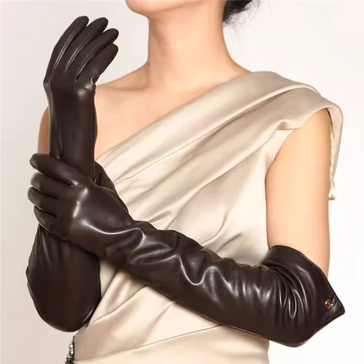 Women Elegant Spring Genuine Leather 40cm Long Think Gloves Female Goatskin  Evening Show Luva Mujer Opera Guantes