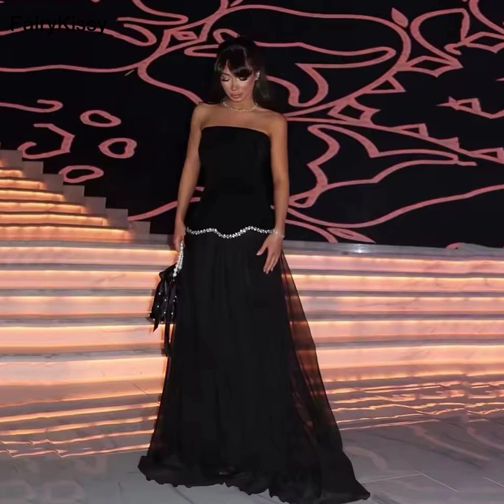 

FairyKissy Black Velvet Evening Dress Sequined A Line Strapless Prom Gowns Women Elegant Prom Party Dress Customized