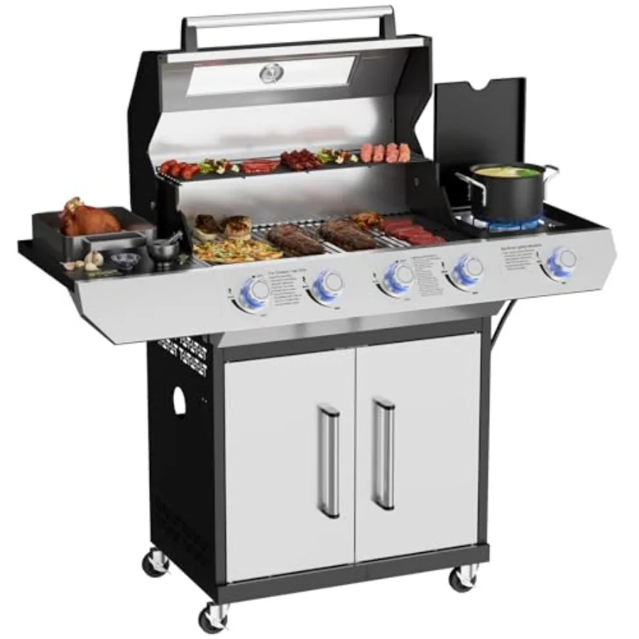 

4 Led Burner Propane Gas Grill with Side Burner and Visual Glass Stainless Steel Gas Grill with Enameled Cast Iron Grates 60 00
