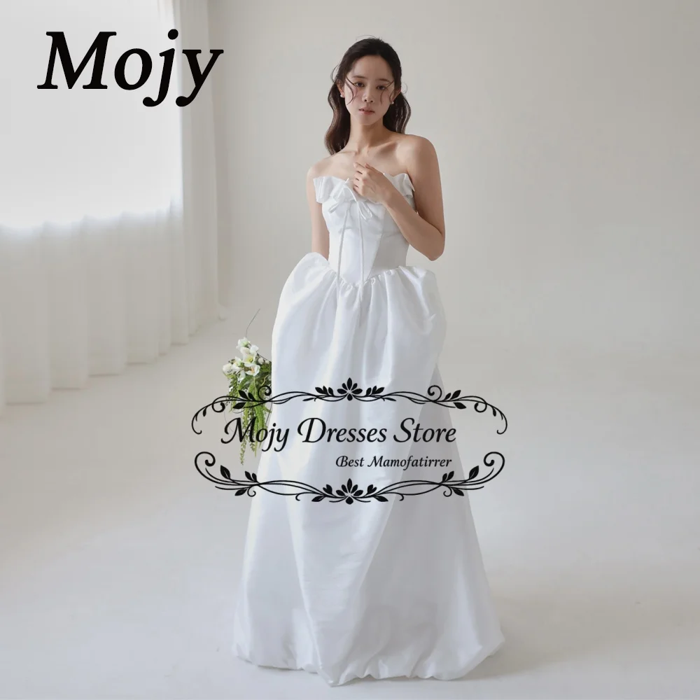 Mojy 2026 Strapless Sweet Korea Wedding Dresses Bow Soft Satin A-Line Photo Shoot Corsets Back Bridal Dresses 웨딩드레스 Customized
