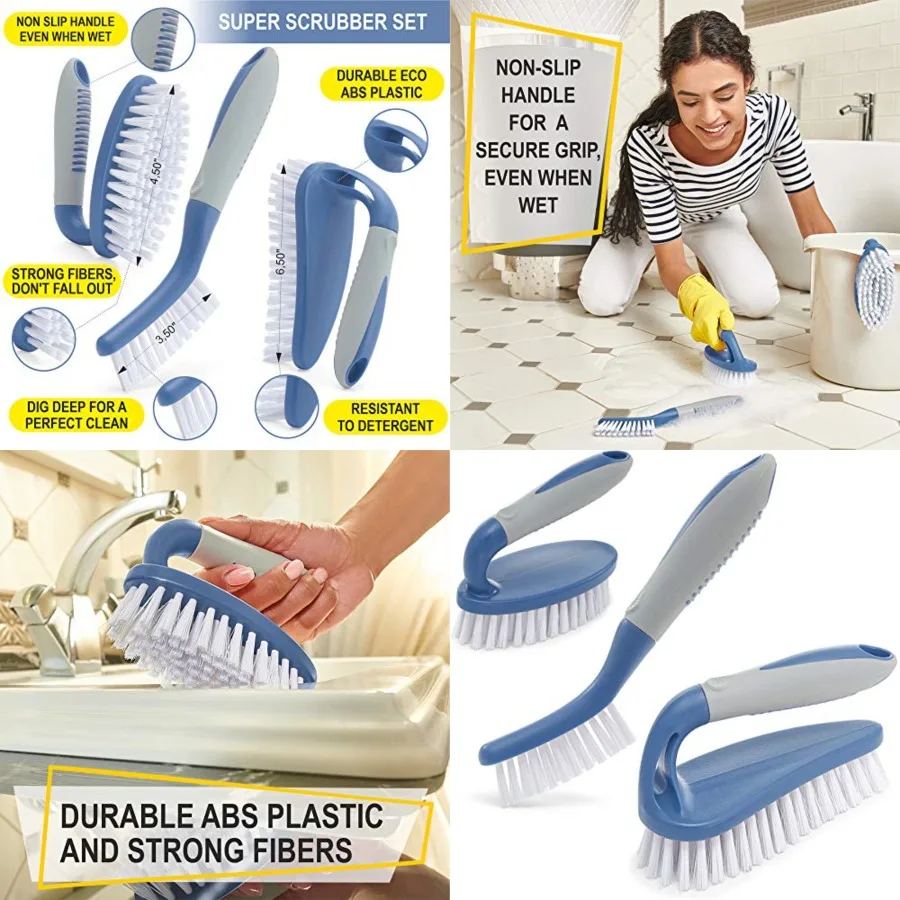 

Scrub Brush Set of 3pcs - Cleaning Shower Scrubber with Ergonomic Handle and Durable Bristles - Grout Cleaner Brush - Scrub Brushes for Cleaning Bathroom/Shower/Tile/Kitchen/Floor/Bathtub/Carpet, Blue