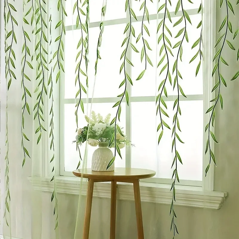 1pc Willow Leaf Sheer Window Curtains Fresh Pastoral Style Voile Curtains for Living Room Bedroom Kitchen Home Decoration 1mx2m