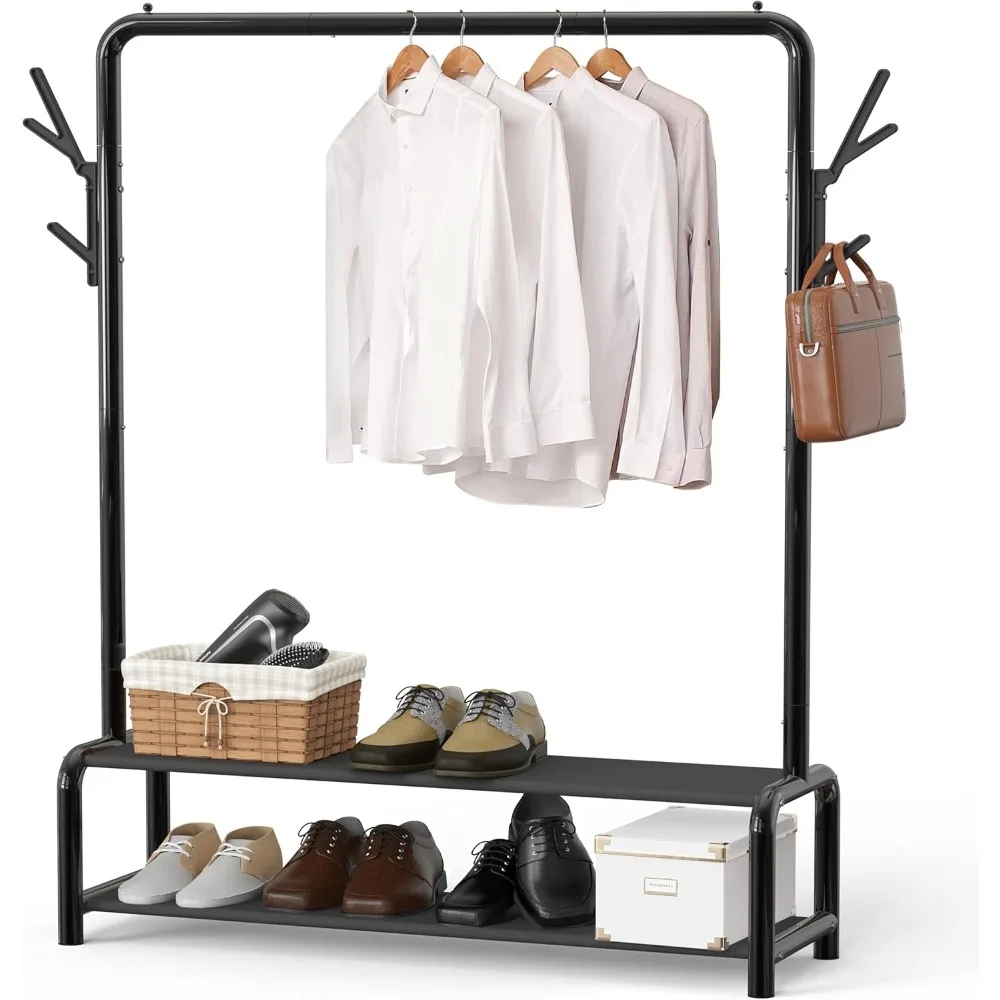 

52-Inch Garment Rack with Storage Shelves and Coat/Hat Hooks, Freestanding Clothing Organizer, Black