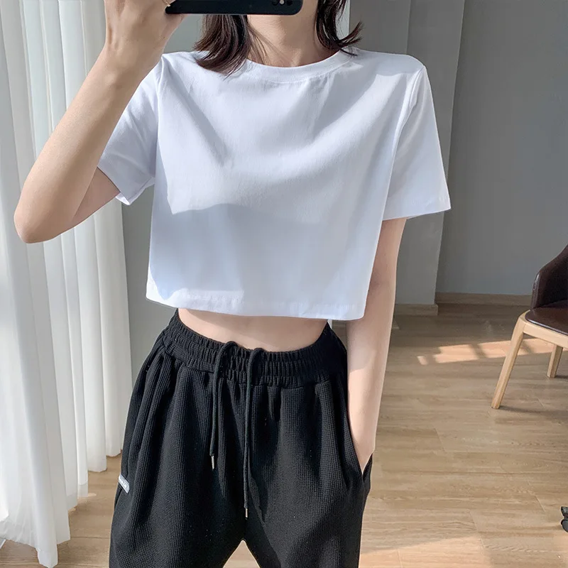 European and American summer hot selling round neck minimalist women\'s short sports casual solid color T-shirt top