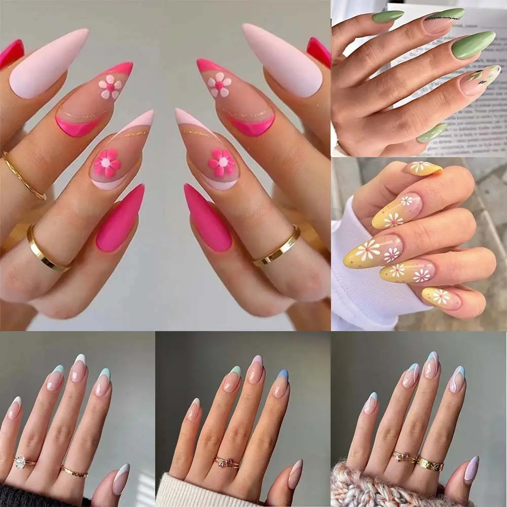 24pcs/Box Women Fashion Artificial Full Cover French Stiletto Fake Nails Wearable Nail Tips Almond False Nails