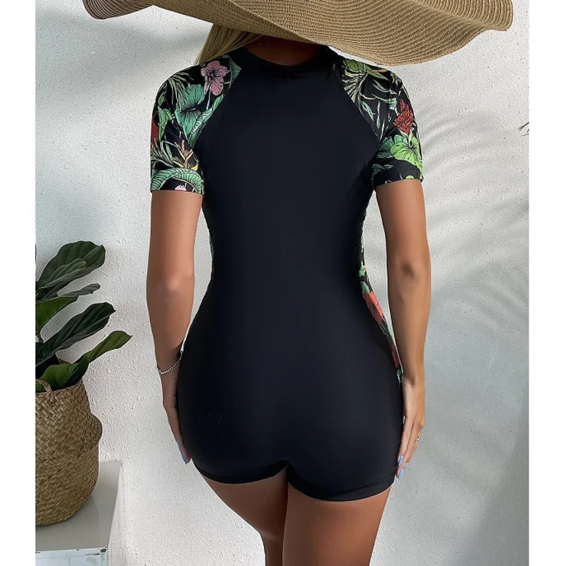 Floral Print Swimsuits Closed One-Piece Short Sleeve Swimwear Sports Surfing Pool Women Swim Bathing Suits Beachwear Bather 2024