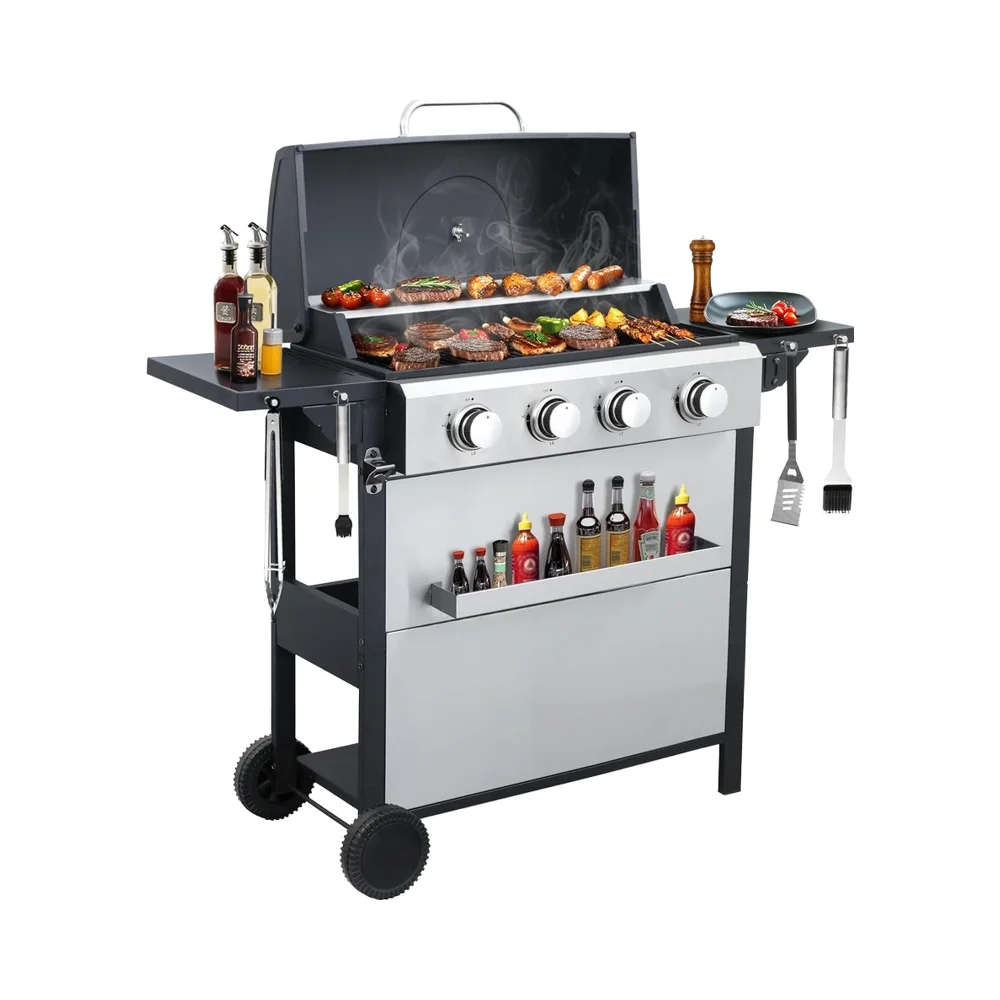 

4-Burner Propane Ga s Grill with 40,000 BTU Output Enamel Cooking Grids & Easy-Clean Grea se Management for Perfect BBQs