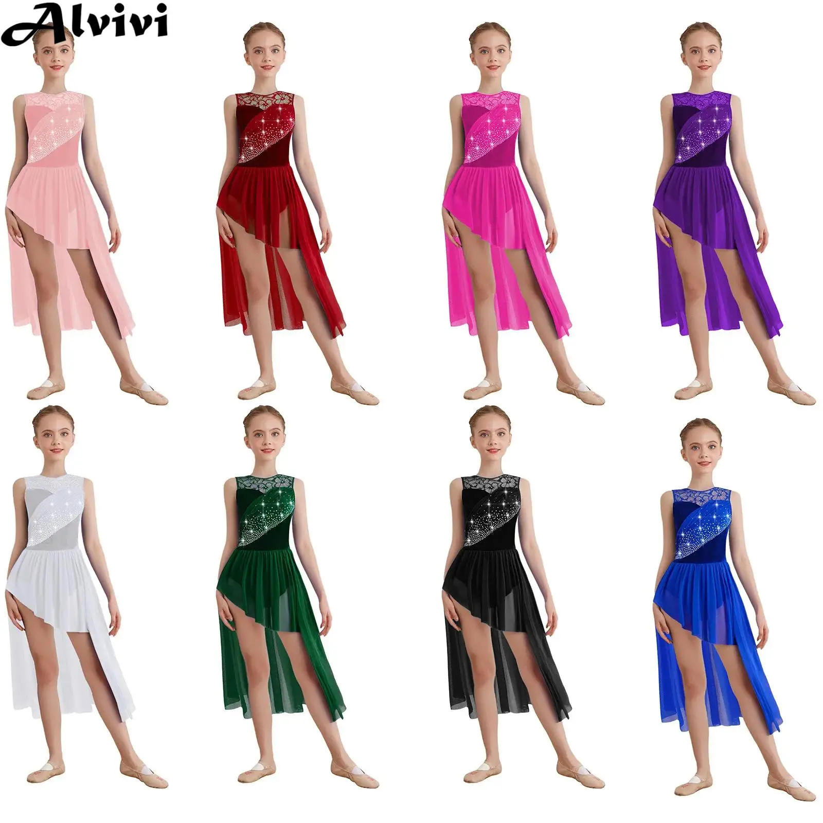 

Детское современное лирическое танцевальное платье со стразами для девочек, прозрачное кружевное сетчатое платье без рукавов для фигурного катания, гимнастики, трико, платья