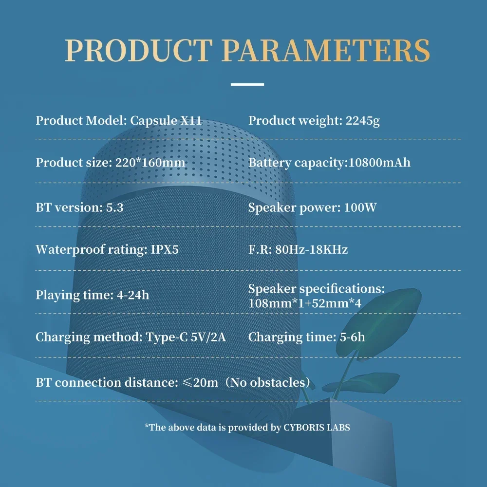 Cyboris X11 IPX5 waterproof speaker, built-in mic, stereo sound, full bass,wireless subwoofer,  support CBS interconnected,100W