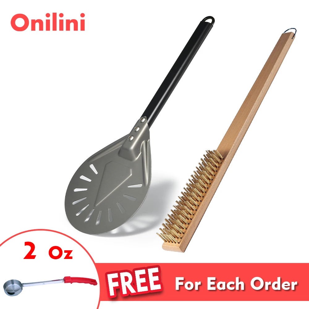 

Onilini 7/8/9 inch Pizza Peel Hard Anodized with Oven Copper Brush Pizza Shovel Household Grill Brass Cleaning Brush Wood Handle