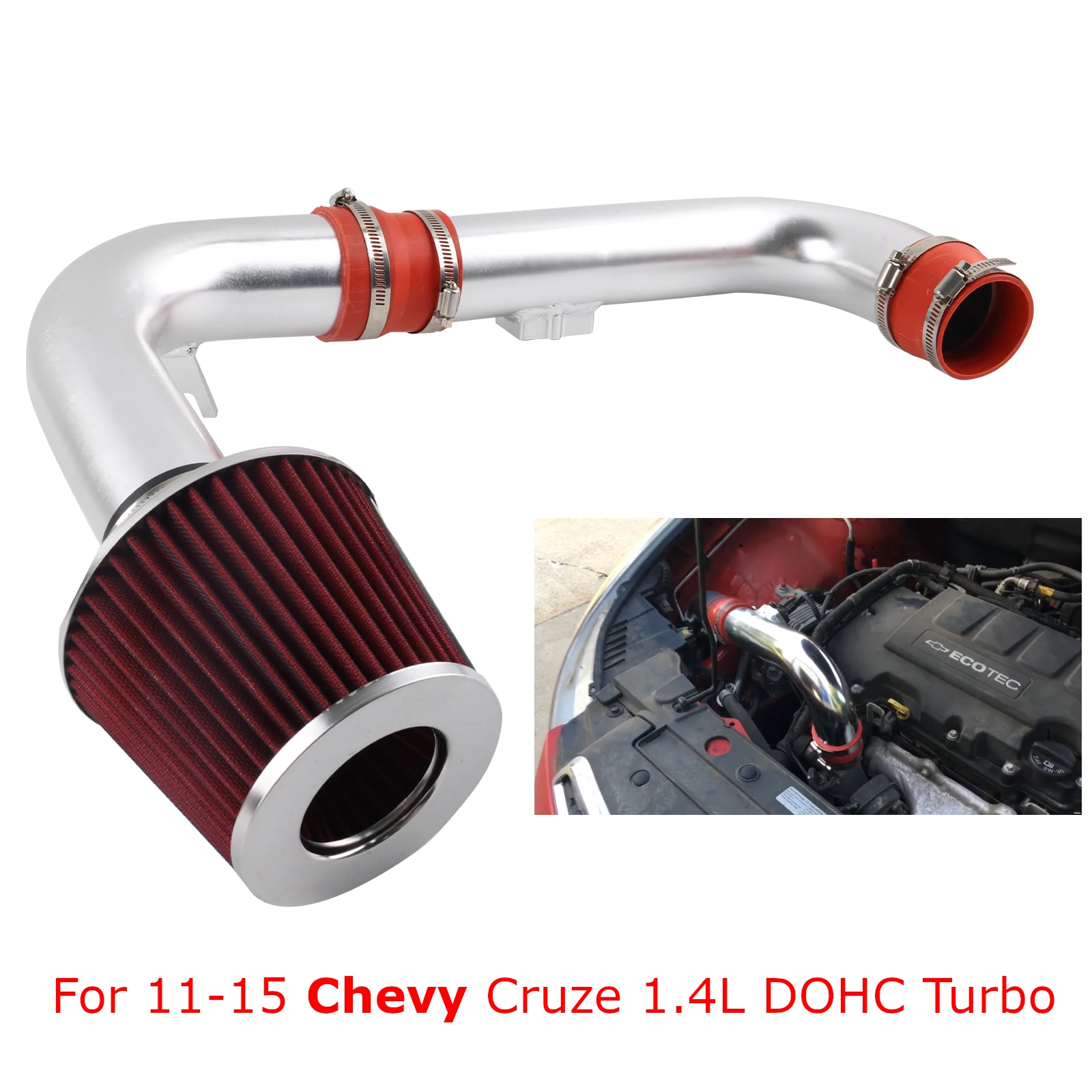

Silver Inlet Pipe Red Filter Set Cold Air Intake Kit For CHEVROLET Chevy Cruze 1.4L DOHC Turbo Engine 2011-15