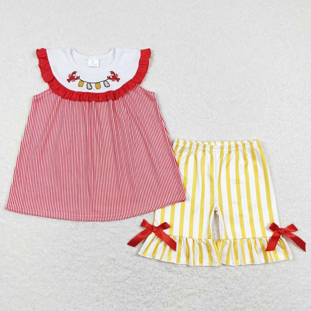 Boutique Baby Girls Clothes Crawfish Lobster Tunic Tops Shorts Sets Fashion Kids Girls Sister Sibling Clothing Baby Rompers Hot