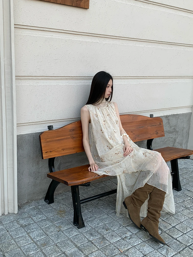CHEERART Embroidery Floral Summer Tulle Dress For Woman Beige Sleeveless Long Loose See Through Flowy Dress Designer Fashion - view 6