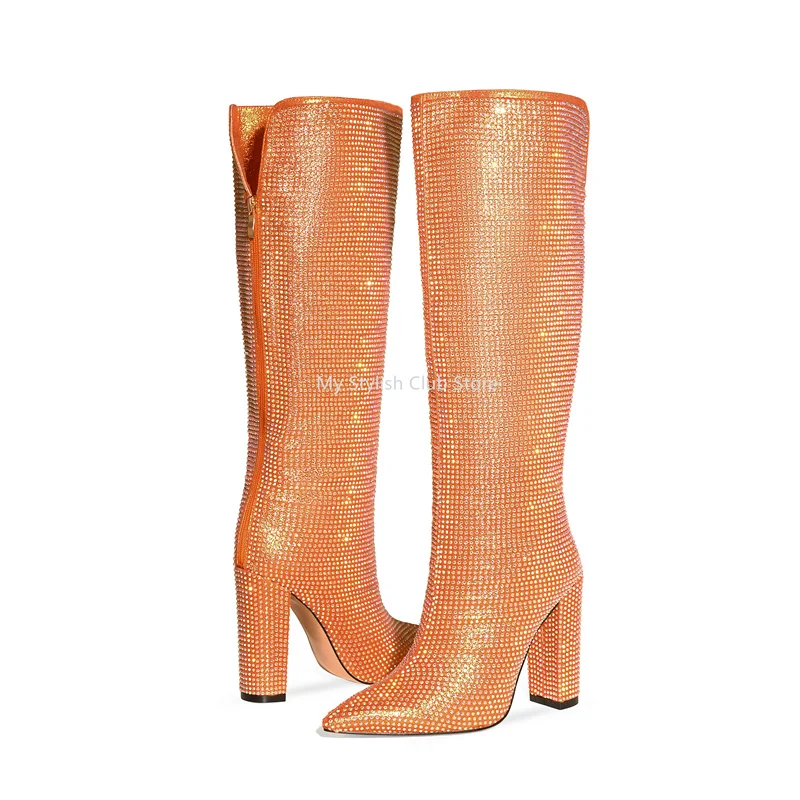 Rhinestone Boots Woman Orange 11Cm Square Thick Heels Shoes Straight Tube Full Diamond Knee Boots Europe Elegant Morden Boots image 2