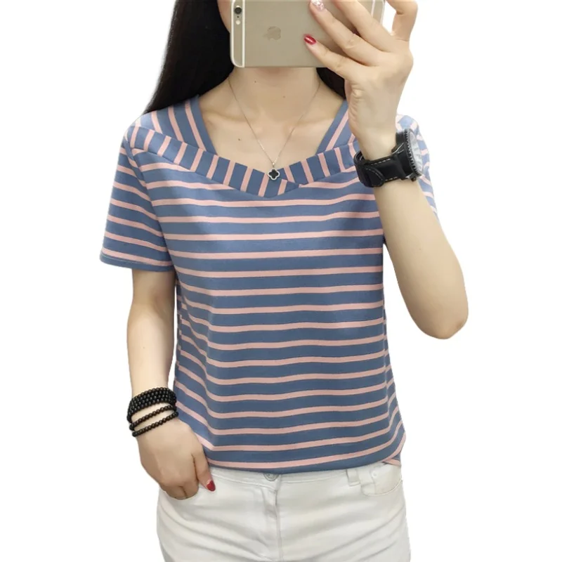Summer Women's Cotton Short Sleeve T-shirt Plus Size Loose Casual Bottoming Shirt Fashion Striped V-neck Half Sleeve T-shirt