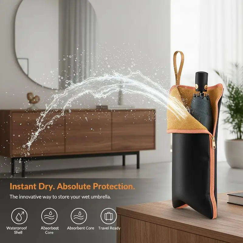 Strong Water Absorption Microfiber Umbrella Storage Bag Portable Folding Umbrella Carrier for Business Trip Daily Commute