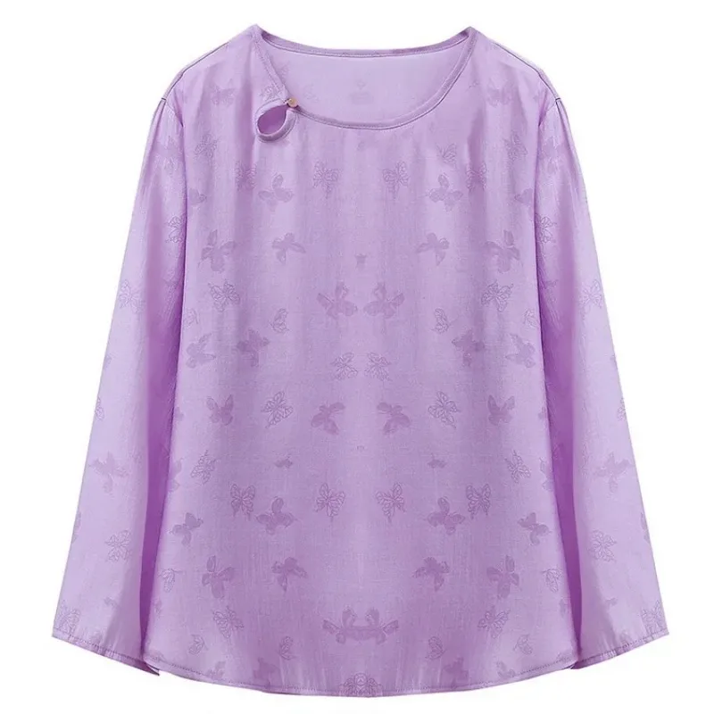 Elegant Women Purple Butterfly Print Tencel Cotton Blouse Summer Loose Belly Cover Mom Top S-4XL