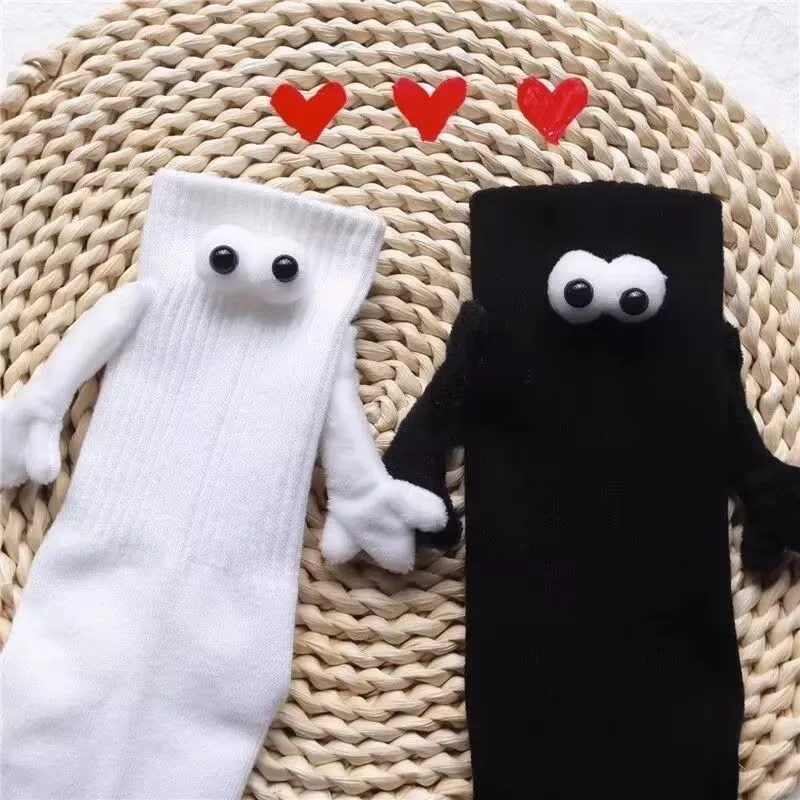 Sweet Couple Magnetic Holding Hands Socks Funny Plush 3D Eyes Design Ribbed Crew Socks Casual Daily Fashion Matching Socks