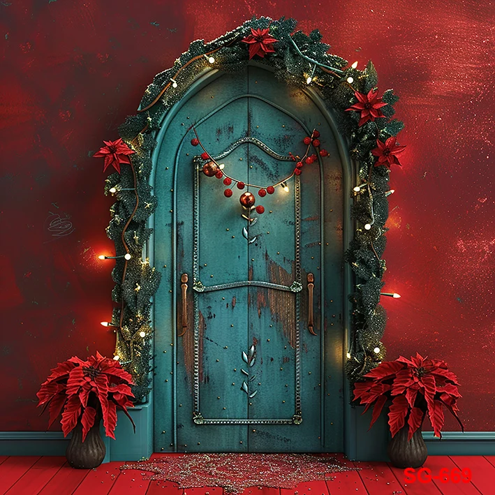 خلفية تصوير بباب أخضر مع أضواء لامعة ، إطار عيد الميلاد ، شجرة عيد الميلاد ، خلفية عطلة عائلية ، طفل