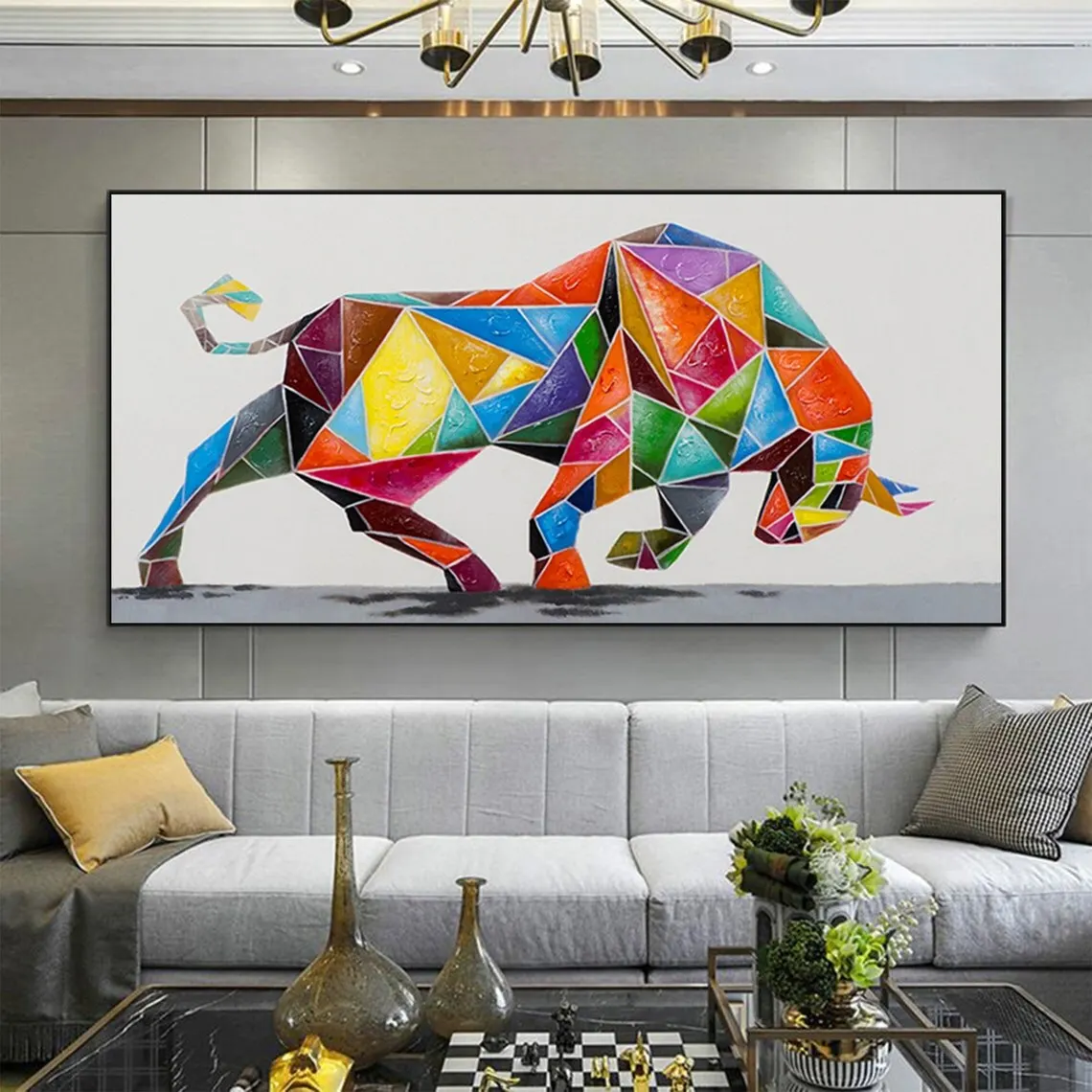 Large Abstract Bull Canvas Art  Modern Acrylic Oil Painting Vibrant Animal Wall Decor for Living Room