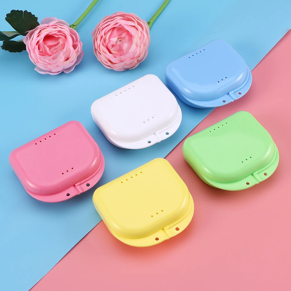 

5 pcs Denture Box Pink Case for Fake Teeth Storage Container Mouth Guard Retainer Bacteria Resistant Ventilation Dry Clean
