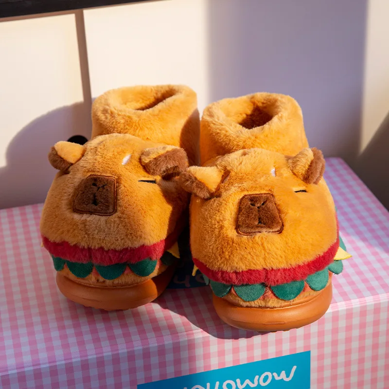 

Creative Winter Womens Plush Slipper Capybara Cat Design Heel Wrapped Warm Bootie Shoes Home Comfortable Couple Matching Slipper