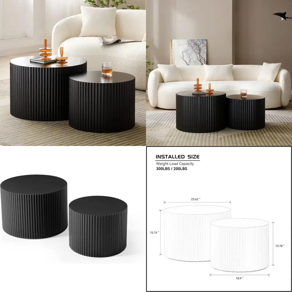 Juego de mesas de centro de tambor moderno, mesas anidadas de 2 piezas para espacios pequeños, muebles decorativos redondos negros para sala de estar