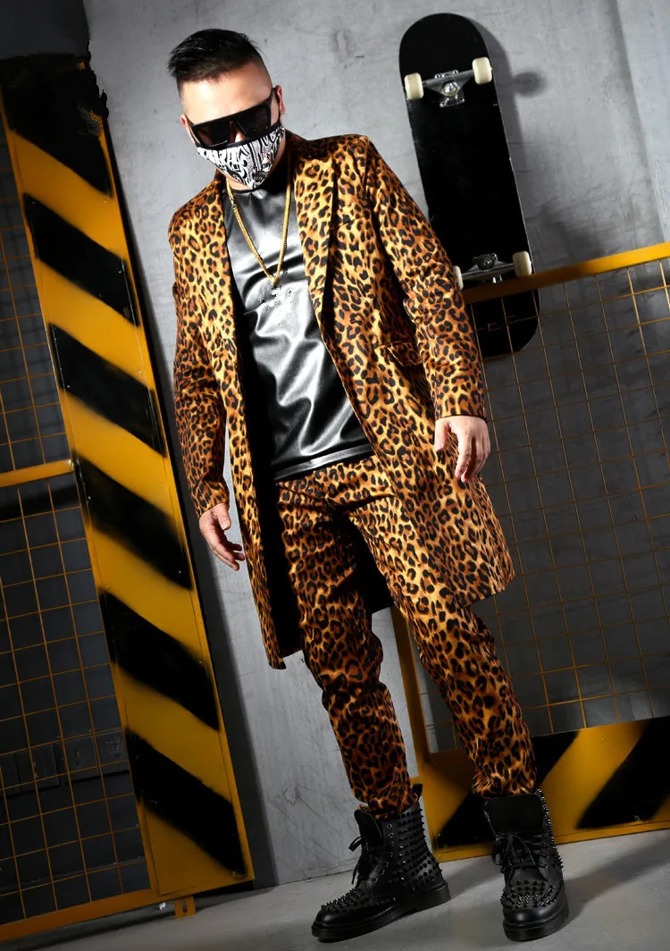 Chaqueta larga con estampado de leopardo para hombre, trajes de moda para Bar, club nocturno, cantante, DJ, escenario, disfraces de Rock, Hip Hop,
