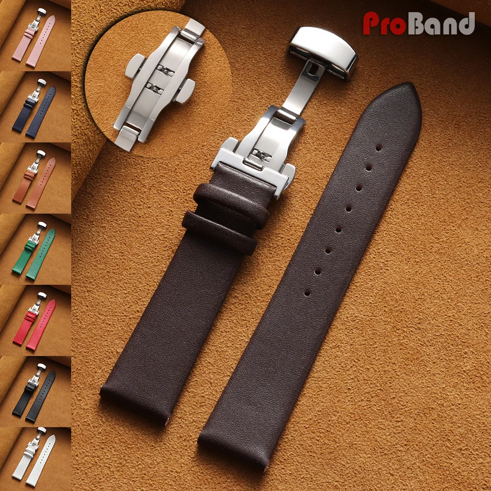 

12/14/16/18/19/20/21/22mm Ultra-thin Genuine Leather Watch Band Butterfly Buckle Wrist Strap Universal Men Bracelets Accessories