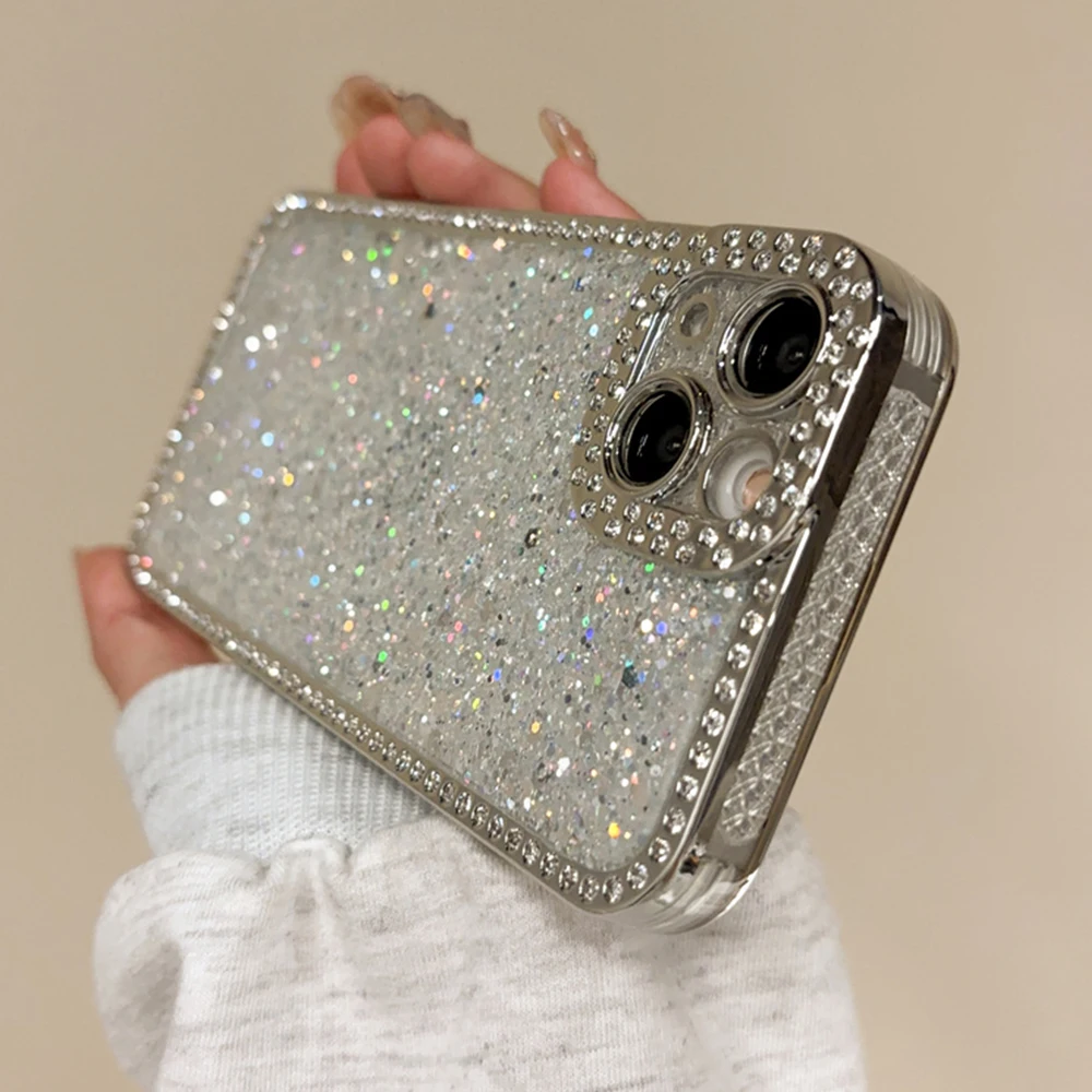 Shiny Rhinestone Shockproof Frame Phone Case For iPhone 16 13 14 15 12 Pro Max 11 Plating Lens Protection Glitter Sequins Cover