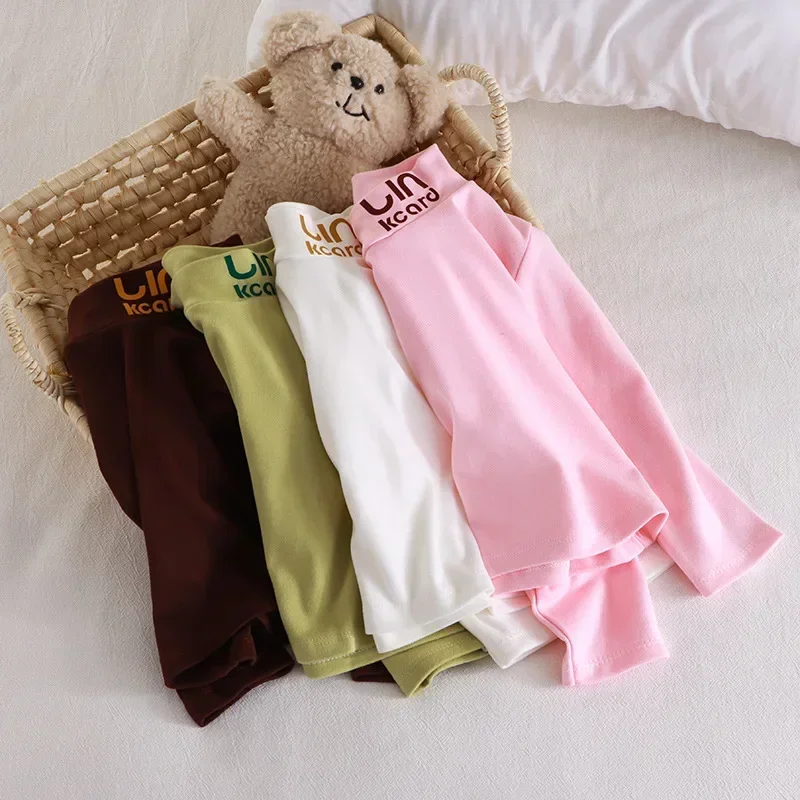 New 2024 Autumn Kids T-Shirts Boys Girls Fashion Turtleneck Long Sleeve Solid T-shirt Tops Children\'s Casual T-shirts Clothing