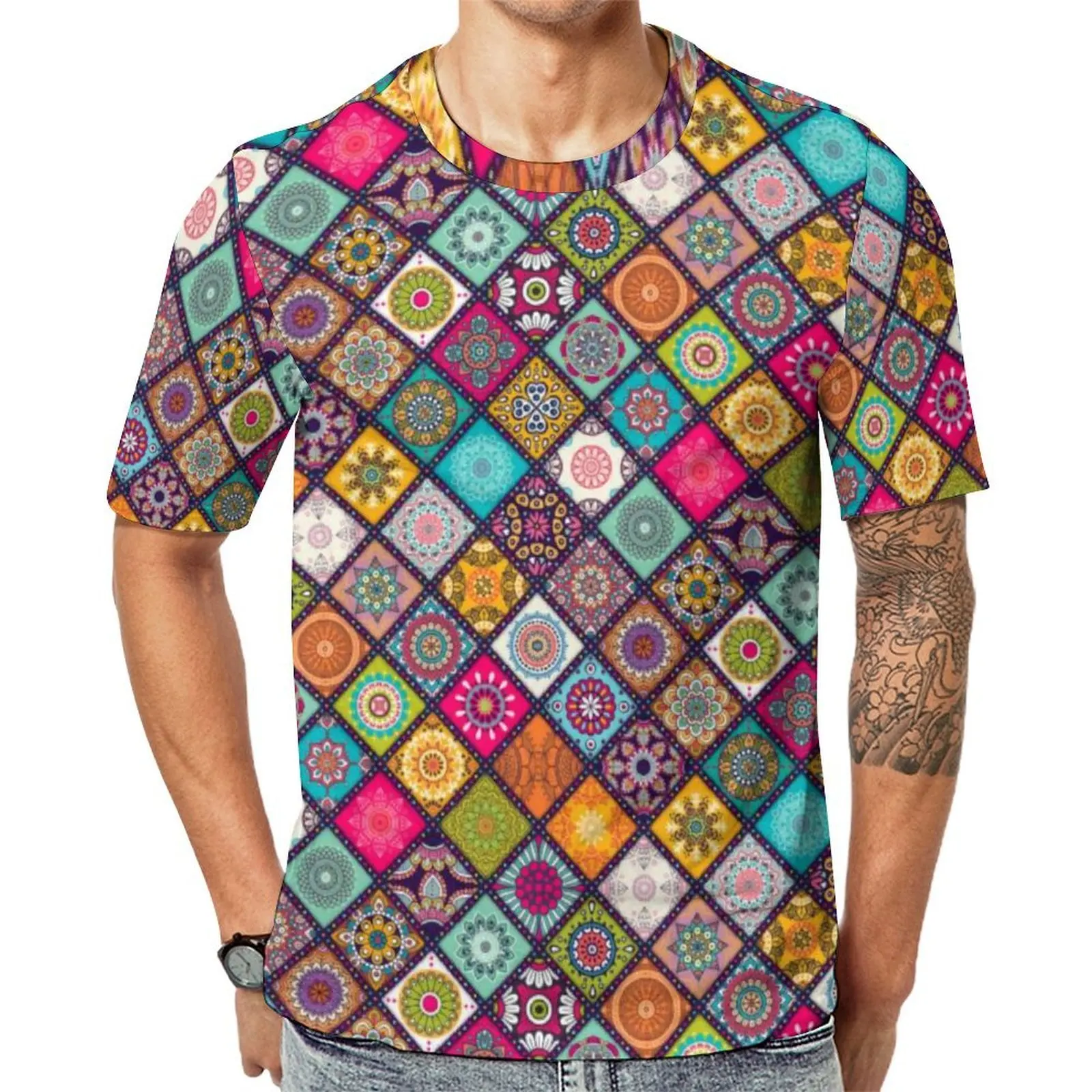 Colorful Mandala Floral T-Shirt Diamond Tiled Mandalas Geometric Vintage T Shirts Men Tshirt Original Short Sleeve Graphic Tops