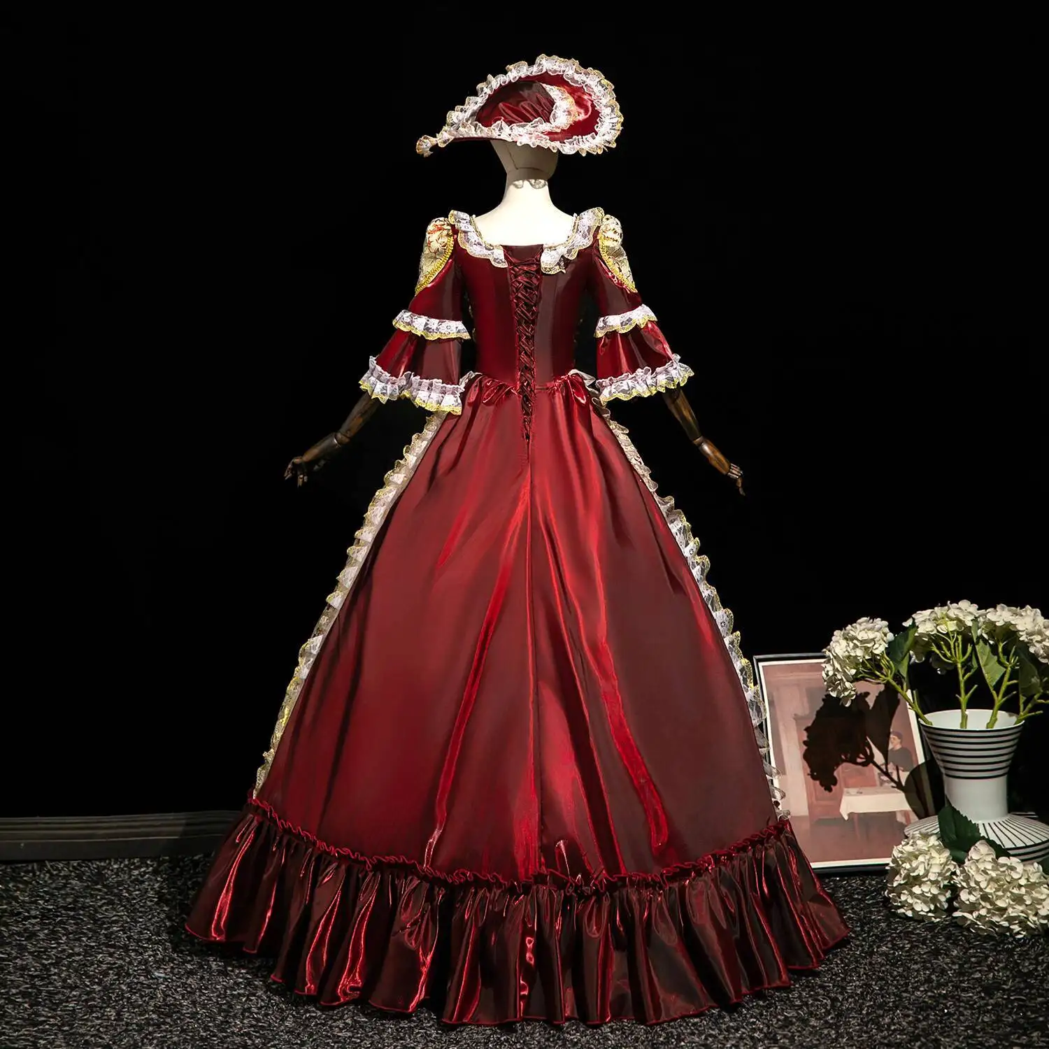 New Wine Red Festooned Vehicle Cruise European Style Court Palace Princess Dress Catwalk Christmas Perform Annual Meeting Women