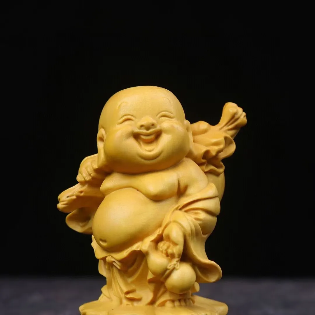 Exquisite Chinese Boxwood Wood Hand Carved Small bag Buddha Statue Desktop Decor