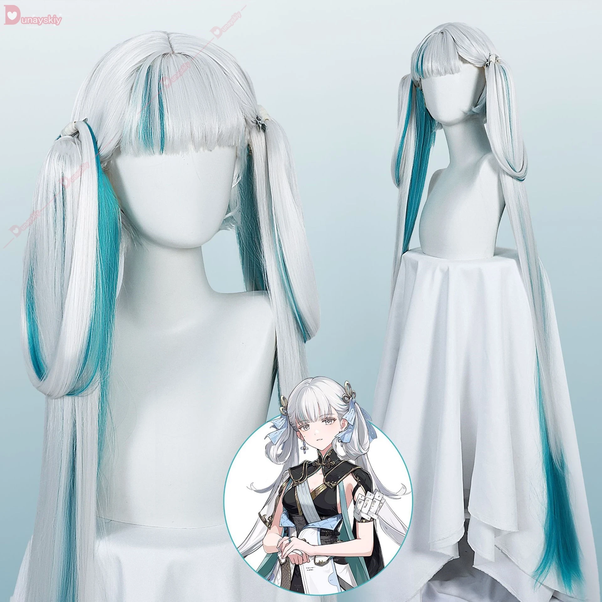 게임 폭풍우 파도 Jinhsi 코스프레 가발, 화이트 블루 헤어, 해본 리뉴얼 더블 포니테일 헤어, 내열성 섬유 장미 가발 그물