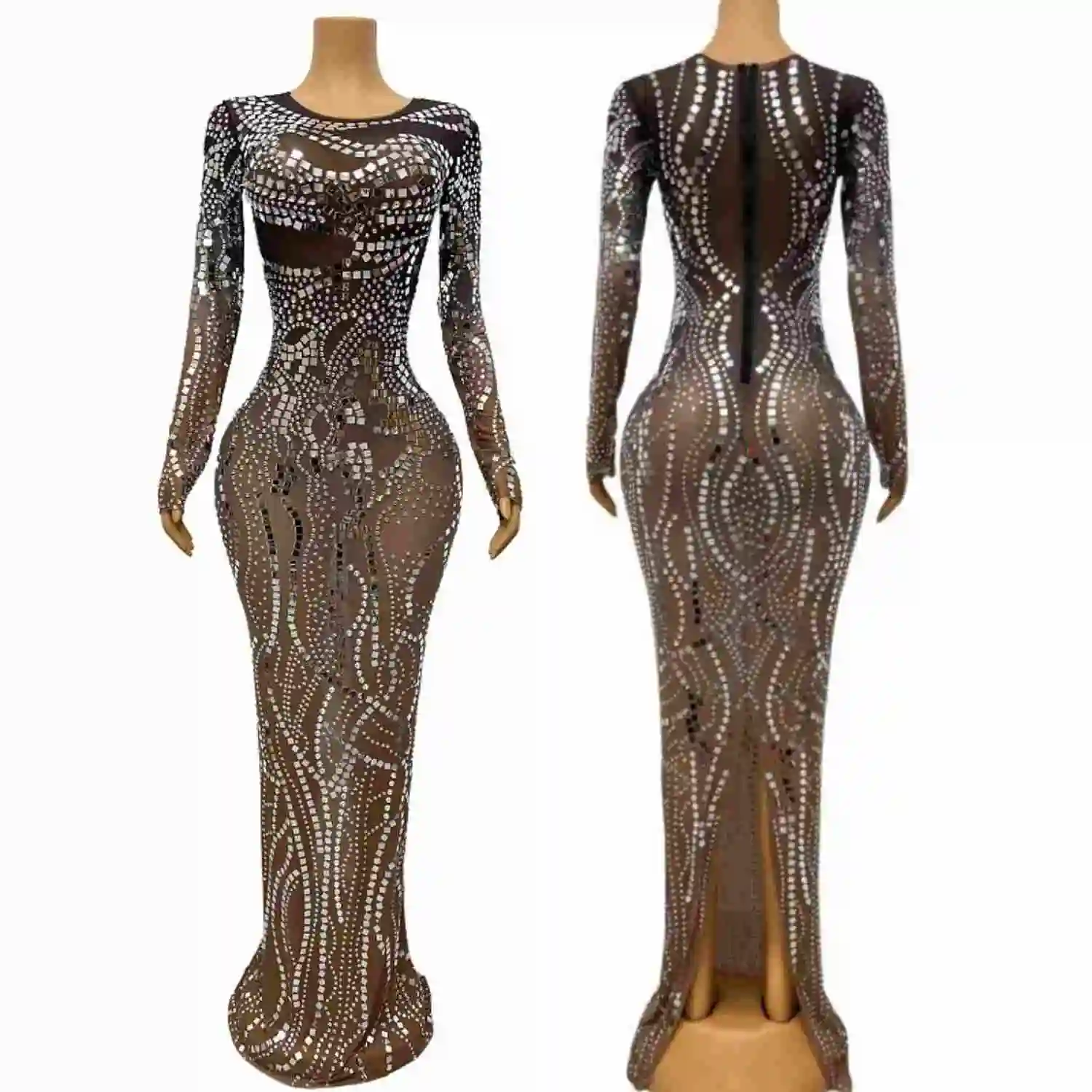 Lianpianchousheng – robe longue en maille transparente avec cristaux et miroirs argentés scintillants, tenue moulante pour femmes, tenue de bal d'anniversaire
