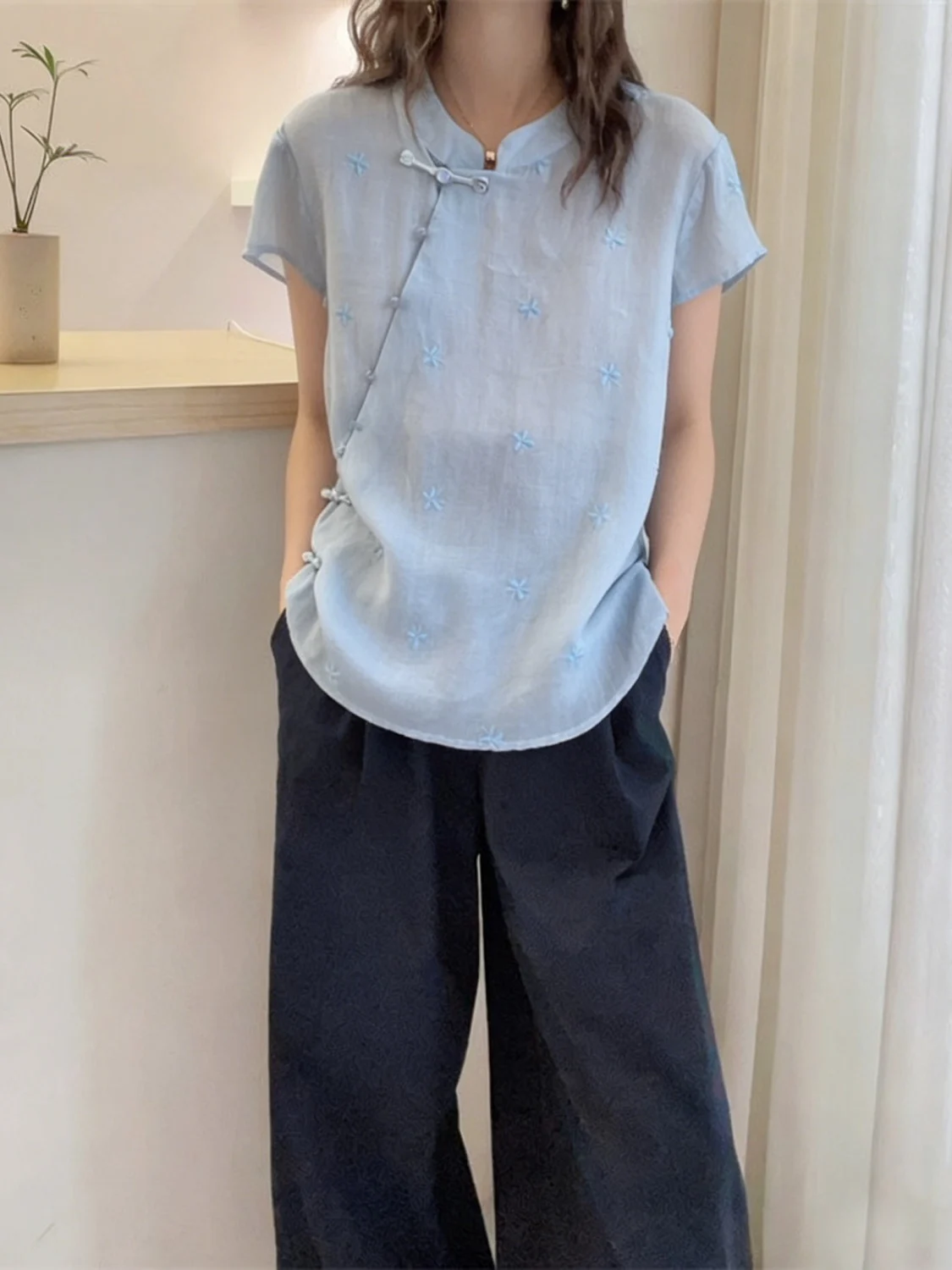 

New Chinese Style Light Blue Short Sleeve Shirt Women's plus Size Summer New Style Big Size Fat MM Button Small Shirt Nationa...