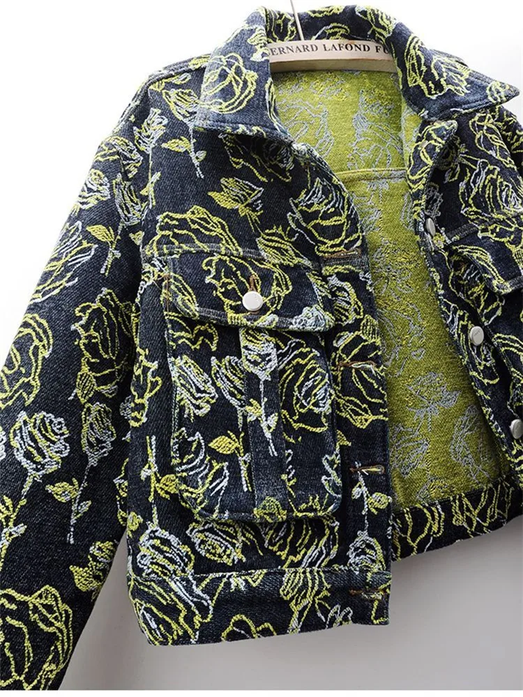 

Spring Autumn Fashion Embroidery Jacquard Cowboy Jacket Women Lapel Long Sleeve Loose Short Denim Outerwears Female Jeans Coats