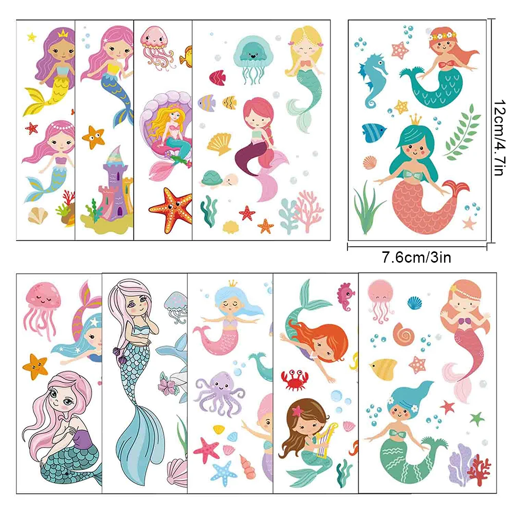 10Pcs Little Mermaid Party Temporary Tattoo for Kids Children Girls Birthday Party Fake Tattoo Favor Supplies Pinata Accessories