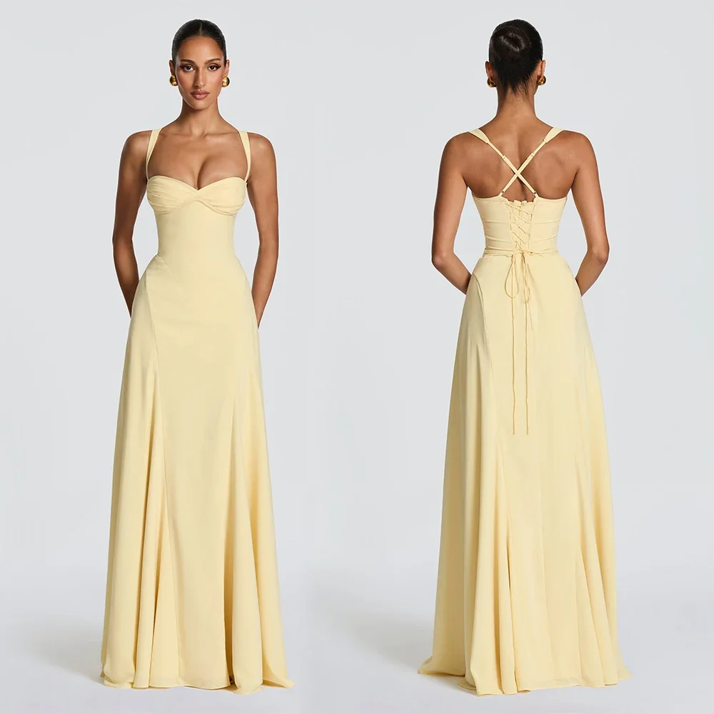 Fashionable Elegant Yellow Corset Prom Dress Sexy Lace Up Back Cross Strap Evening Gown Formal Party Club Birthday Party