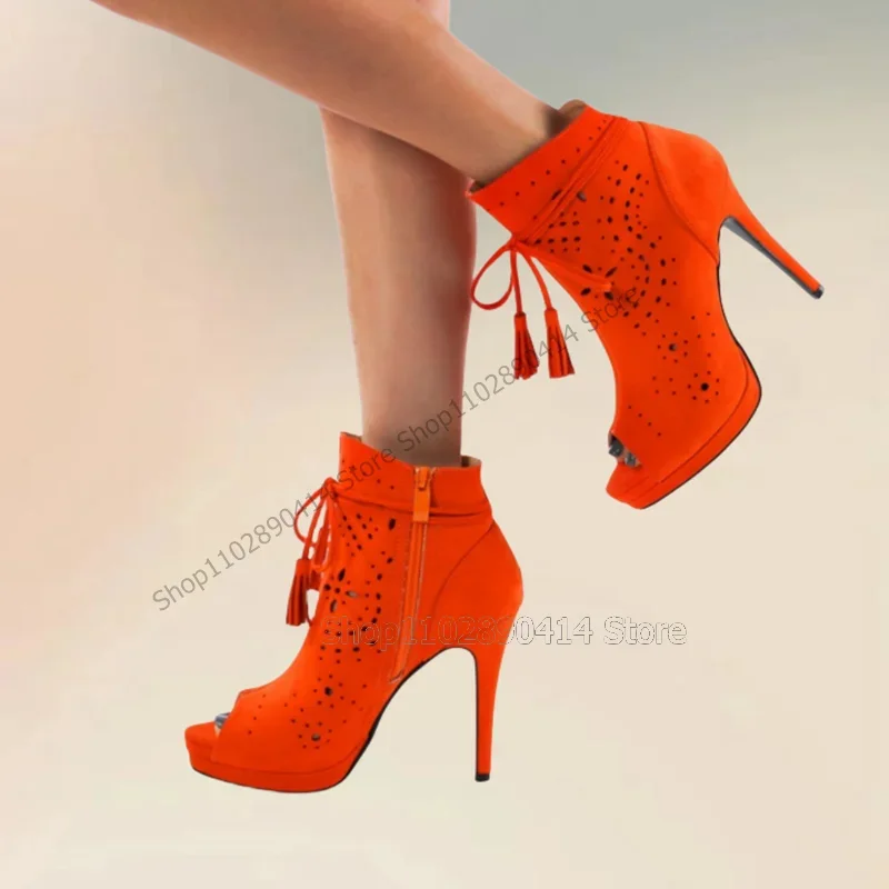 

Orange Black Peep Toe Strappy Breathable Ankle Boots Side Zipper Women Shoes Thin High Heels Fashion 2023 Zapatos Para Mujere