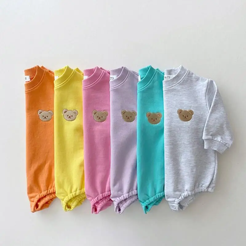 Korean Autumn Baby Unisex Boys and Girls Newborn Bodysuit Infant Clothing Long Sleeve Cartoon Bear Embroidery Short Jumpsuit