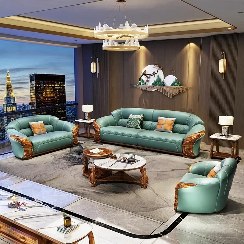 New ebony combination living room solid wood sofa, extra thick first layer cowhide modern Italian new Chinese sofa