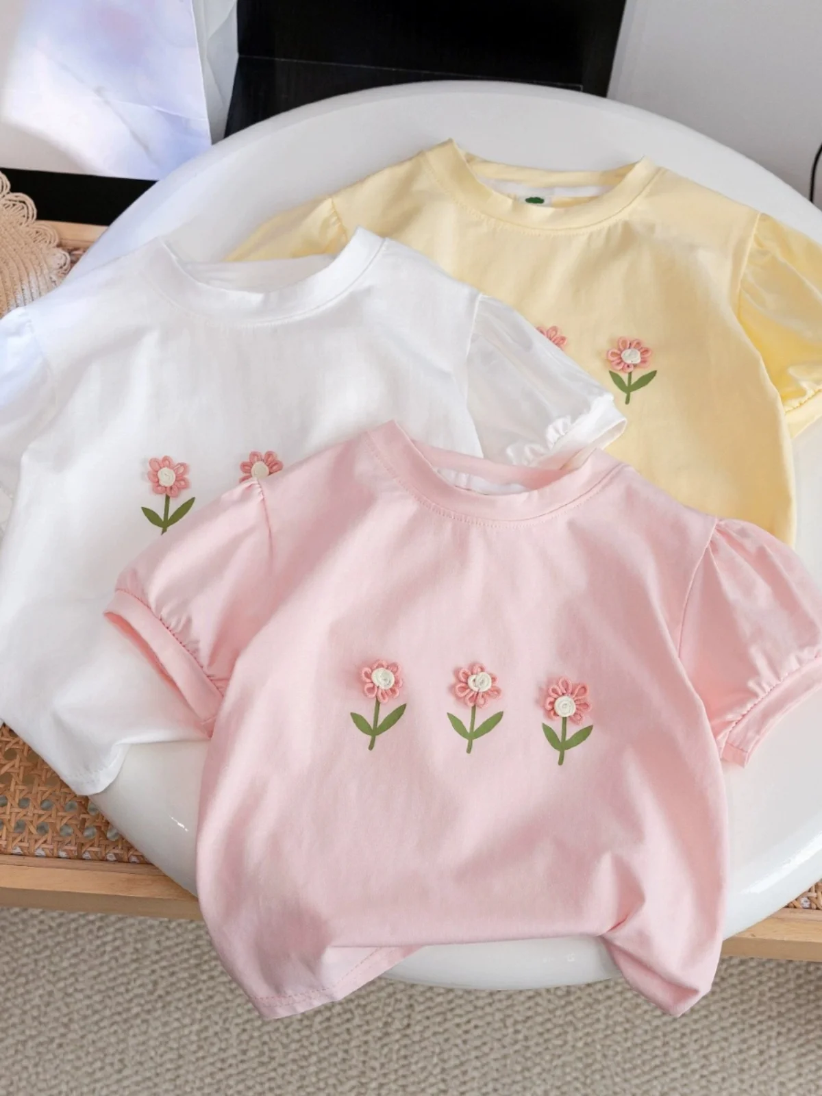 

Faionable Cotton ort Sve T-irt for Little Girls Summer New Sle Korean Version 3D Flower Print Versatile Top