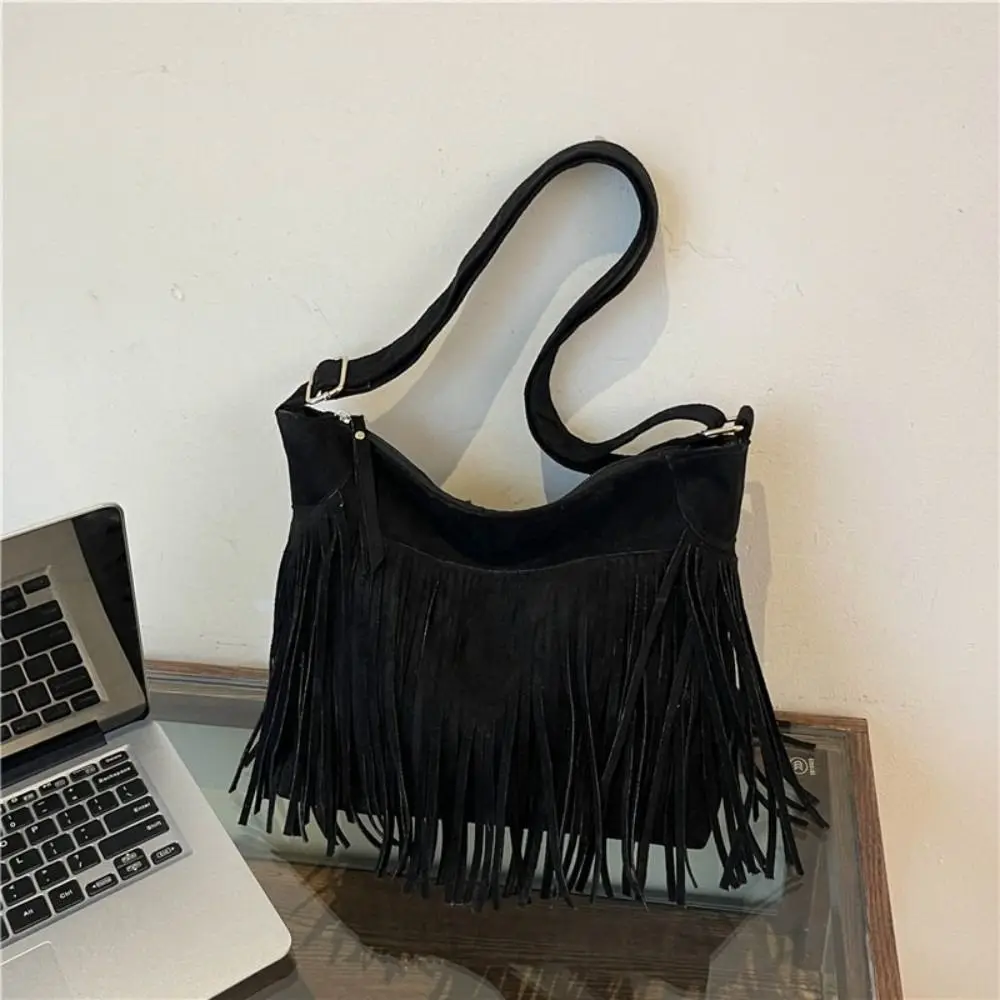 Luxury Retro Bohemian Tassel Crossbody Bag Large Capacity Matte Tote Bag Polyester Solid Color Messenger Bag Travel